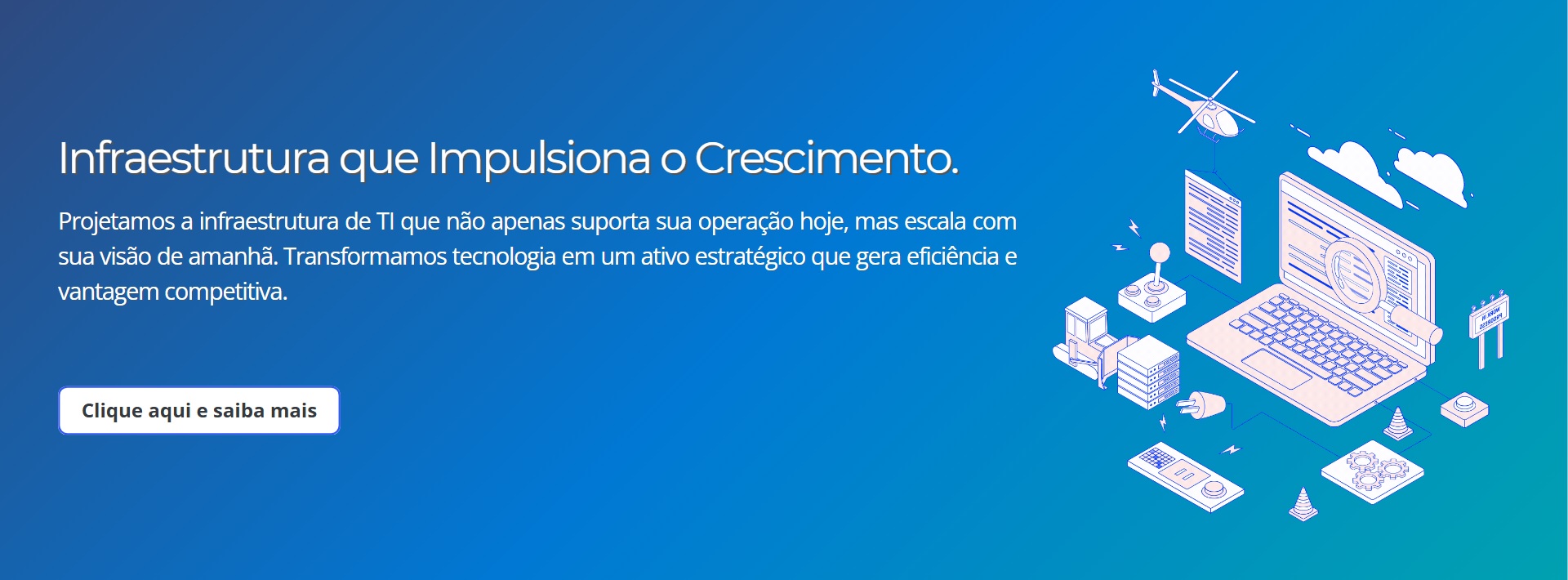 imagem com fundo em gradiente azul, contém itens de informática à direita.